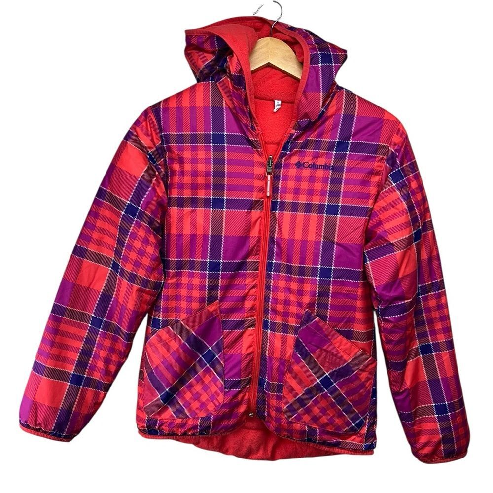 Columbia Reversible Coral Purple Plaid Winter Coat Girls 14/16